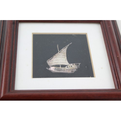 171 - 2 x Vintage .925 STERLING SILVER Miniatures In Wooden Frames Inc Ship, Camel Etc