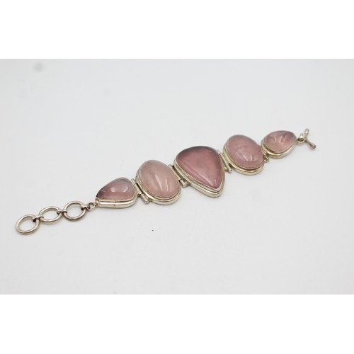 166 - Vintage .925 Sterling Silver Chunky Gemstone Rose Quartz BRACELET (110g)