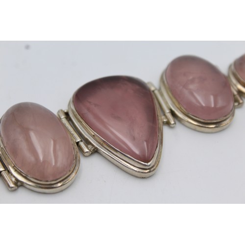 166 - Vintage .925 Sterling Silver Chunky Gemstone Rose Quartz BRACELET (110g)