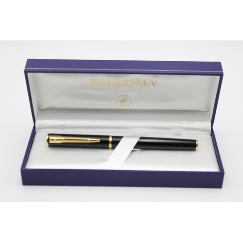 242 - WATERMAN Black Lacquer FOUNTAIN PEN w/ Rolled Gold M Nib WRITING Boxed