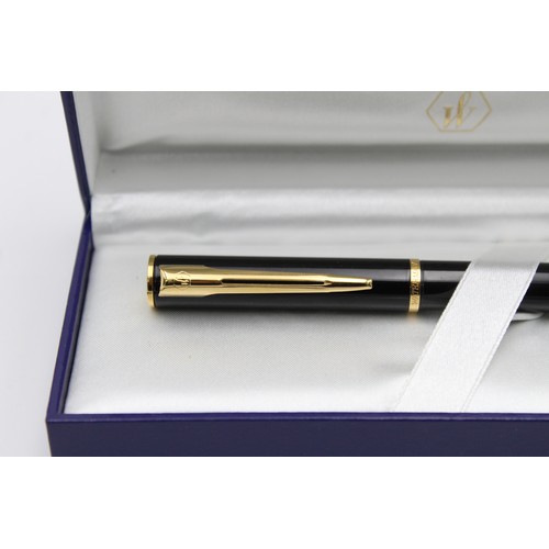 242 - WATERMAN Black Lacquer FOUNTAIN PEN w/ Rolled Gold M Nib WRITING Boxed