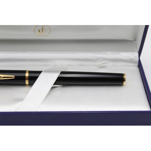 242 - WATERMAN Black Lacquer FOUNTAIN PEN w/ Rolled Gold M Nib WRITING Boxed