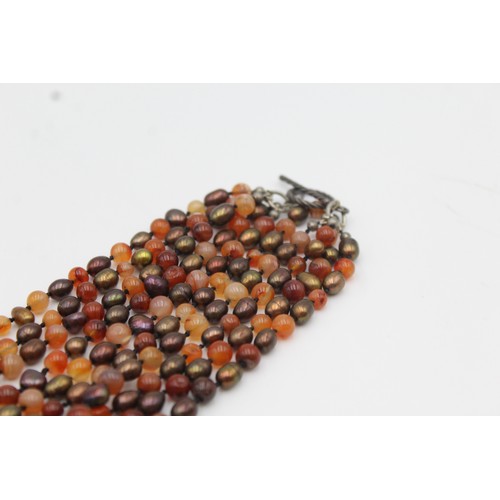 234 - Vintage .925 Sterling Silver Multi-Strand Pearl  & Carnelian NECKLACE (119g)