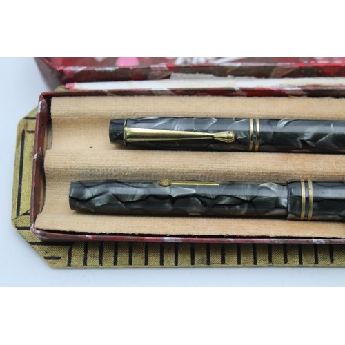 206 - Vintage BURNHAM Grey Fountain Pen w/ 14ct Gold Nib, Pencil, Box WRITING