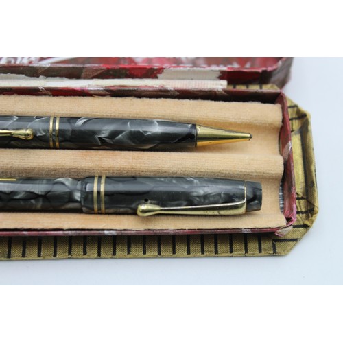 206 - Vintage BURNHAM Grey Fountain Pen w/ 14ct Gold Nib, Pencil, Box WRITING