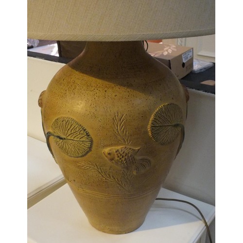 454 - CERAMIC OVERSIZED LAMP AND SHADE WITH FISH DECORATION