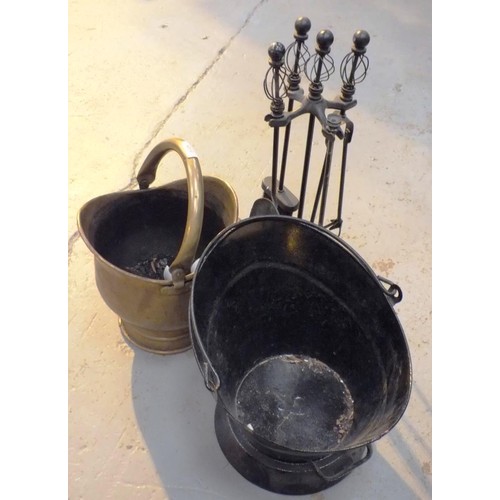 469 - TWO VINTAGE COAL BUCKETS AND FIRESIDE TOOLS