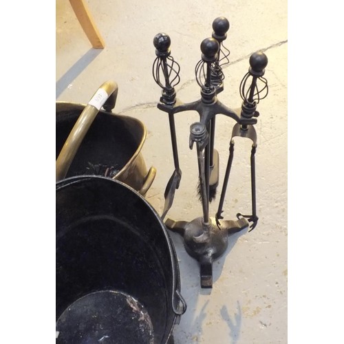 469 - TWO VINTAGE COAL BUCKETS AND FIRESIDE TOOLS