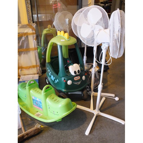 506 - JOBLOT INCLUDES THREE FLOOR STANDING FANS AND TWO CHILDS SIT AND RIDE TOYS