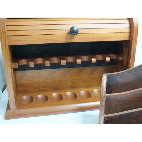 354 - VINTAGE ROLL TOP PIPE CABINET AND BRASS INLAID WOODEN LETTER RACK