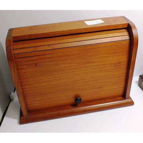 354 - VINTAGE ROLL TOP PIPE CABINET AND BRASS INLAID WOODEN LETTER RACK