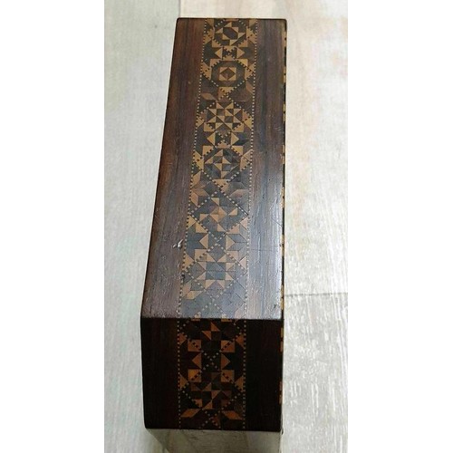 403 - ANTIQUE PARQUETRY INLAID WOODEN BOX MEASURES 24cm x 18 x 6