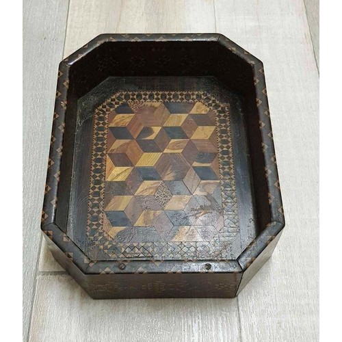 403 - ANTIQUE PARQUETRY INLAID WOODEN BOX MEASURES 24cm x 18 x 6