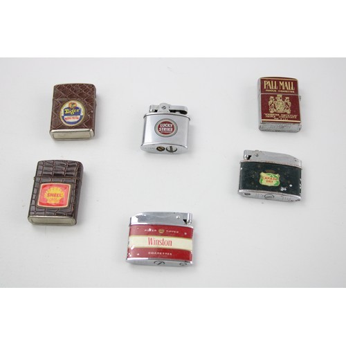 257 - 6 x Assorted Vintage Advertising Cigarette LIGHTERS Inc Tiger, Lucky Strike Etc