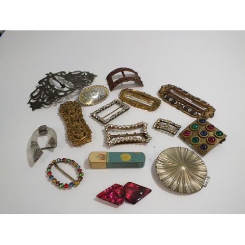 273 - COLLECTION OF VINTAGE BUCKLES AND HAIR GRIP TIN