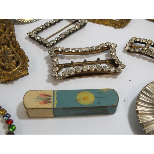 273 - COLLECTION OF VINTAGE BUCKLES AND HAIR GRIP TIN