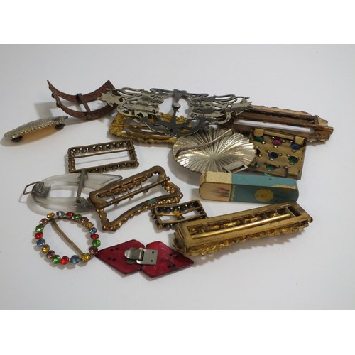 273 - COLLECTION OF VINTAGE BUCKLES AND HAIR GRIP TIN