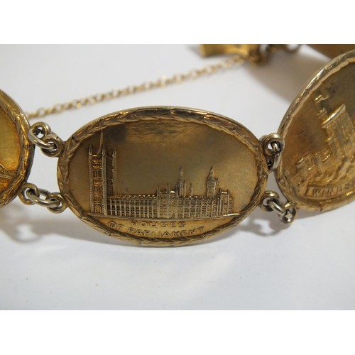 274 - VINTAGE STERLING SILVER GILT LONDON SOUVENIR PANEL BRACELET 1945