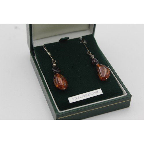 290 - Sterling Silver Hook Drop Amber Earrings