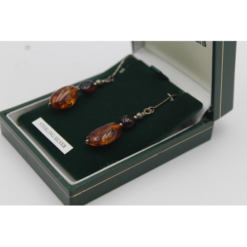 290 - Sterling Silver Hook Drop Amber Earrings