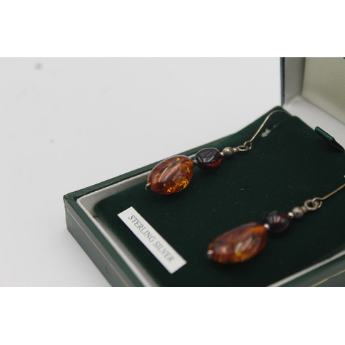 290 - Sterling Silver Hook Drop Amber Earrings