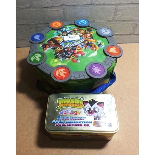 472 - SKYLANDER CASE FULL OF SKYLANDERS AND TIN OF MOSHI MONSTERS