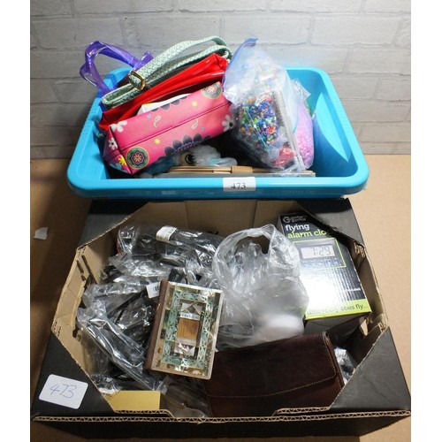 473 - TWO BOXES OF MISC INCLUDES READING GLASSES, WORKING PHONES AND TOYS