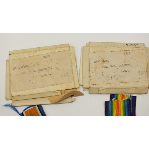 305 - WWI MEDAL PAIR WITH BOXES AND RIBBONS AWARDED TO M2-134480 PTE W.W.ROBERTS ARMY SERVICE CORPS