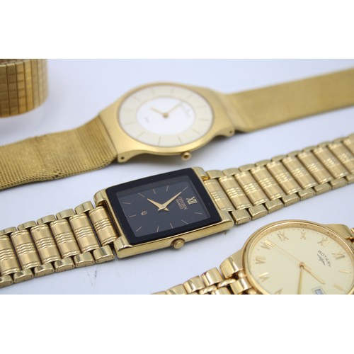 23 - 5 x Gents Quality Gold Tone WRISTWATCHES Quartz WORKING Inc. Rotary, Skagen Etc