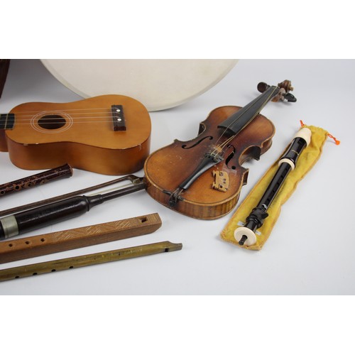 60 - Job Lot of Vintage MUSICAL INSTRUMENTS Inc. Drum, Piccolos, Maracas, Violin