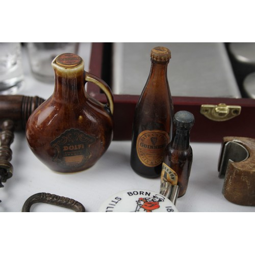 88 - Job Lot of Assorted BREWERIANA Items Inc. Antique Hip Flasks, Corkscrews, Spong