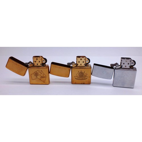 51 - 3 X ZIPPOS;
CHROME AUSTRALIA B04
SOLID BRASS AUSTRALIA I03
SOLID BRASS AUSTRALIA A04