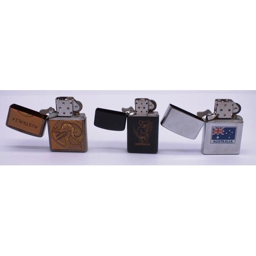 53 - 3 X ZIPPOS;
CHROME AUSTRALIA I03
MATTE BLACK AUSTRALIA KOALA
DARK CHROME AUSTRALIA C03