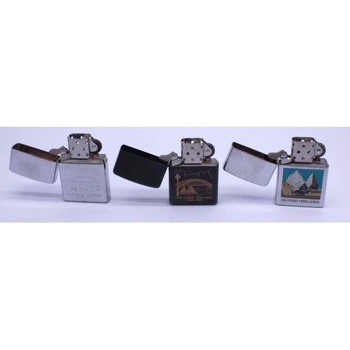 54 - 3 X ZIPPOS;
CHROME 'SYDNEY HARBOUR, BRODGE TOWER AND OPERA HOUSE' L02
MATTE BLACK 'SYDNEY HARBOUR, B... 