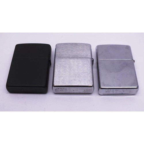 58 - THREE ZIPPOS;
CHROME HARLEY DAVIDSON MORTORCYCLE CXIII
MATTE BLACK EAGLE HARLEY DAVIDSON 
BRUSHED CH... 