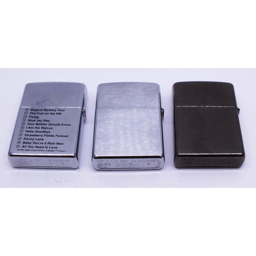 50 - THREE ZIPPOS;
BEATLES MAGICAL MYSTERY TOUR-C XIII
DARK CHROME LED ZEPPELIN- K03
BRUSED CHROME ROLLIN... 