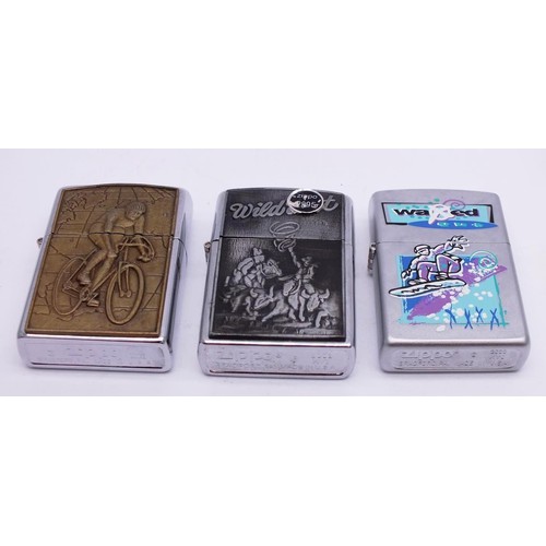 THREE ZIPPOS; WAXED OUT SNOW BOARDER-200 G VXI WILD WEST