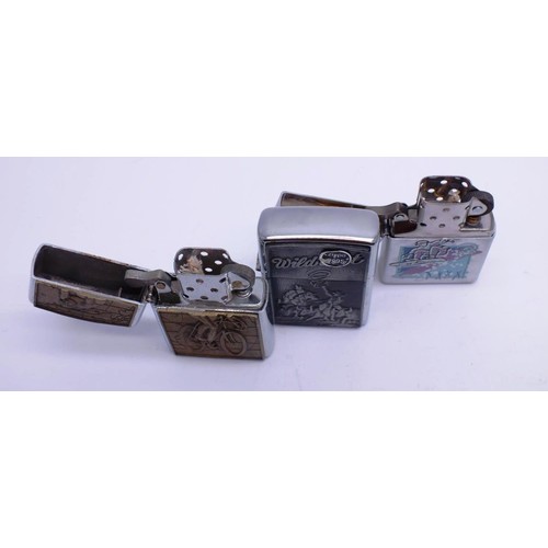 71 - THREE ZIPPOS;
WAXED OUT SNOW BOARDER-200 G VXI
WILD WEST- 2008- 8 XVI
CHROME AND BRASS CYCLIST- Z XI... 