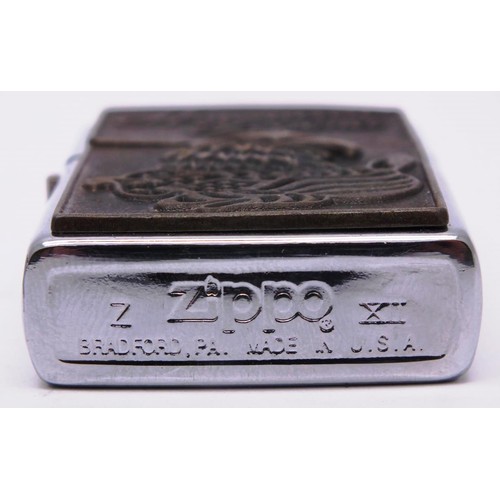 78 - THREE ZIPPOS;
DRAGON AND CASTLE DESIGN- ZXII
AMERICAN LEGEND - ZXII
SUN MOON AND STARS- Z XII