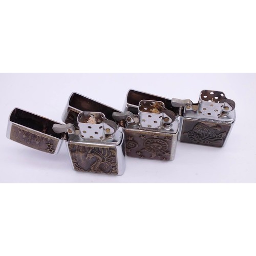 78 - THREE ZIPPOS;
DRAGON AND CASTLE DESIGN- ZXII
AMERICAN LEGEND - ZXII
SUN MOON AND STARS- Z XII