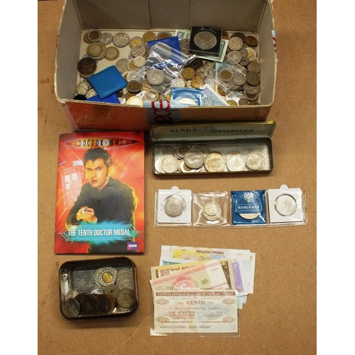 425 - BOX OF COINS, DR WHO MEDAL, VARIOUS NOTES etc