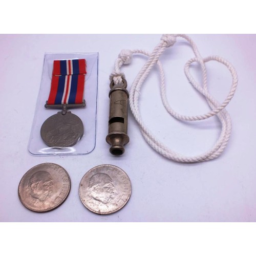 429 - J.HUDSON MILITARY WHISTLE, WW2 MEDAL AND TWO CHURCHILL CROWN COINS