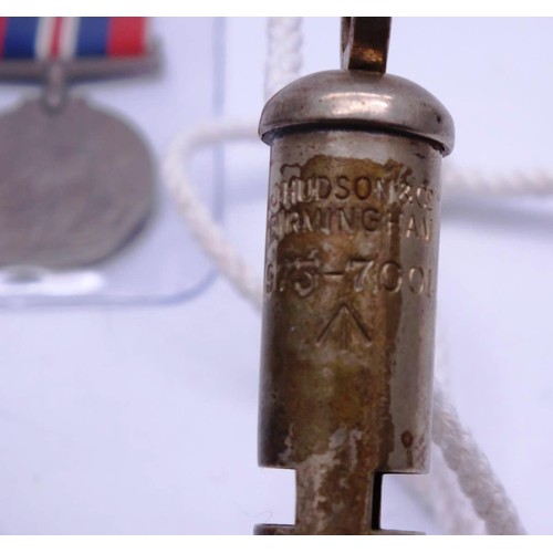 429 - J.HUDSON MILITARY WHISTLE, WW2 MEDAL AND TWO CHURCHILL CROWN COINS