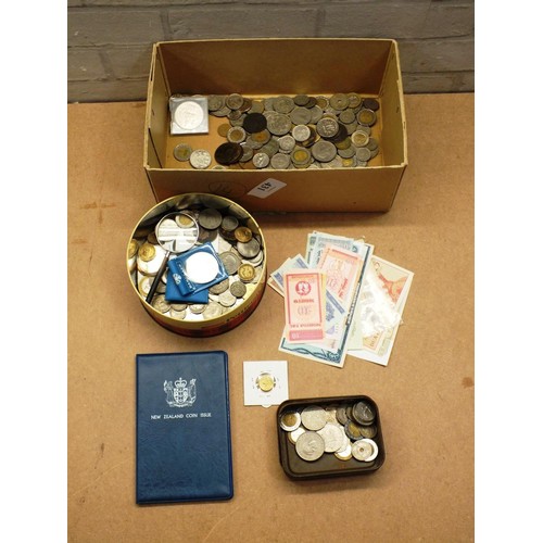 431 - BOX OF COINS, BANKNOTES, COIN SET, OLD TINS etc