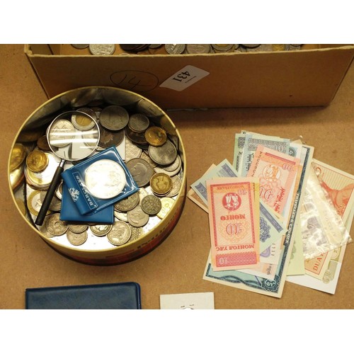 431 - BOX OF COINS, BANKNOTES, COIN SET, OLD TINS etc