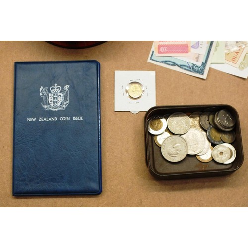 431 - BOX OF COINS, BANKNOTES, COIN SET, OLD TINS etc