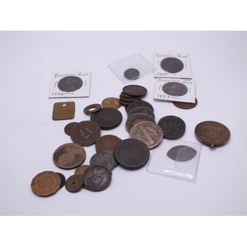 433 - COLLECTION OF OLD COPPER COINS, TOKENS, MEDALS ETC