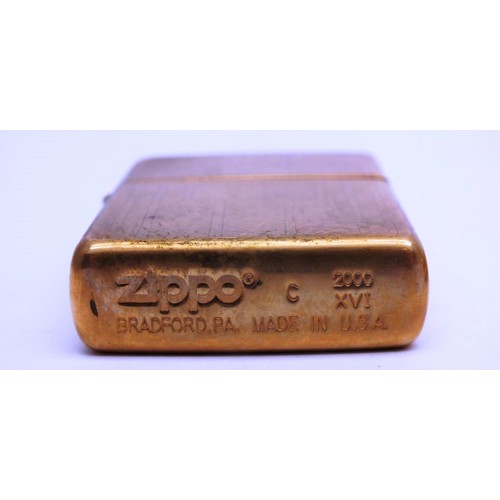 112 - THREE ZIPPOS;
SLIM LINE SOLID BRASS- J03
SLIM LINE RARE GOLD PLATED TORTOISE SHELL- 2000 F XVI
GOLD ... 
