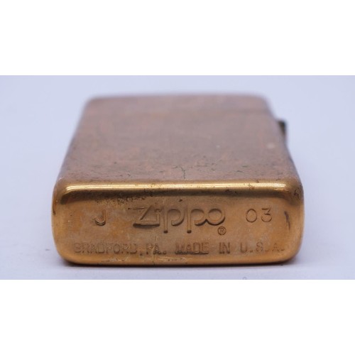 112 - THREE ZIPPOS;
SLIM LINE SOLID BRASS- J03
SLIM LINE RARE GOLD PLATED TORTOISE SHELL- 2000 F XVI
GOLD ... 