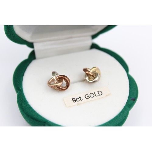 66 - 9ct white, rose and yellow gold knot earrings (boxed) (0.6g)